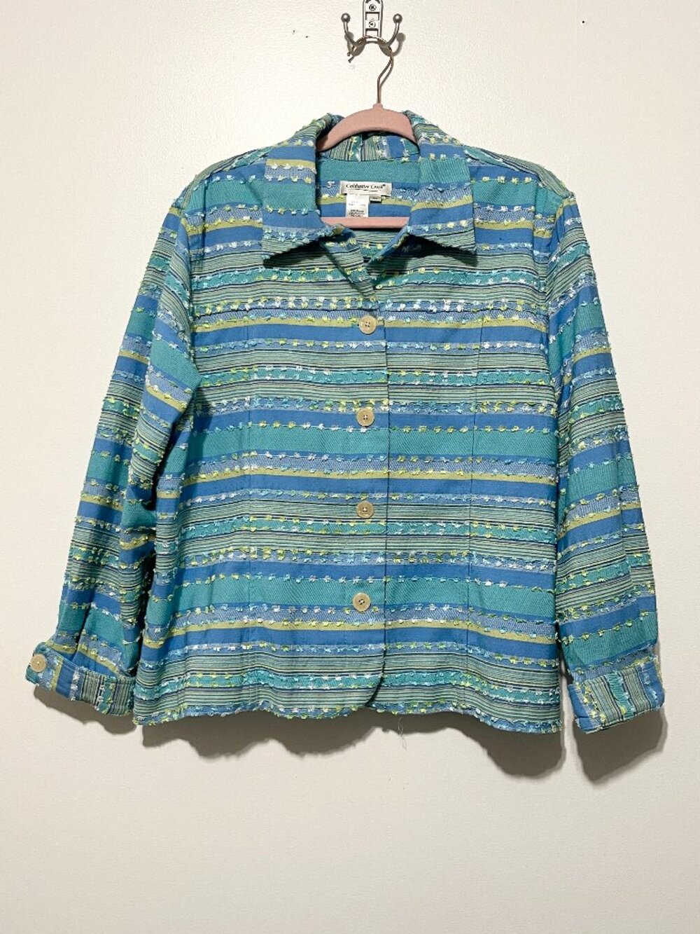 Coldwater Creek Womens Textured Jacket 2X Blue Striped Pastel Artsy Maximalist